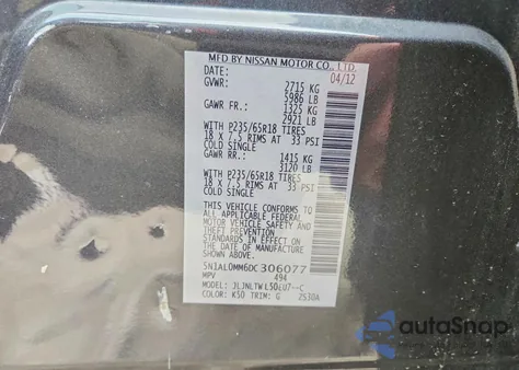 2013 Infiniti Jx35 z USA, uszkodzony, nr VIN 5N1AL0MM6DC306077